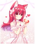  1girl animal_ear_fluff animal_ears bangs bare_shoulders blush bow cat_ears closed_mouth collarbone commentary_request detached_sleeves dress eyebrows_visible_through_hair floating_hair hair_between_eyes hair_bow hands_up heart highres holding long_hair looking_at_viewer original puffy_short_sleeves puffy_sleeves red_eyes redhead shikito short_sleeves sleeveless sleeveless_dress solo very_long_hair white_bow white_dress white_sleeves 