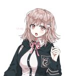  1girl 3tn_63 :o bangs black_jacket blush_stickers breasts commentary_request dangan_ronpa_(series) dangan_ronpa_2:_goodbye_despair dress_shirt eyebrows_visible_through_hair flipped_hair grey_background hair_ornament hairclip hand_up hood hood_down jacket large_breasts light_brown_hair long_sleeves looking_at_viewer nanami_chiaki neck_ribbon open_clothes open_jacket open_mouth pink_eyes pink_hair pink_ribbon ribbon shirt simple_background solo spaceship_hair_ornament translation_request two-tone_shirt upper_body white_background white_shirt 