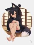  1girl animal_ear_fluff animal_ears bangs barefoot black_hair blush cellphone closed_mouth commentary_request fox_ears fox_girl fox_tail full_body green_eyes hair_bun highres holding holding_phone japanese_clothes kimono knees_up kuro_kosyou long_sleeves looking_at_viewer open_clothes original phone purple_kimono soles solo tail wide_sleeves yui_(kuro_kosyou) 