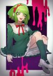  1girl :d absurdres bangs baru_(bar_0405) border bow commentary_request crazy_eyes dangan_ronpa_(series) dangan_ronpa_another_episode:_ultra_despair_girls dress frills green_dress green_eyes green_hair green_legwear hair_bow highres invisible_chair kneehighs long_sleeves looking_at_viewer mary_janes monaka_(dangan_ronpa) multicolored multicolored_background neck_ribbon open_mouth pink_blood purple_background red_bow red_ribbon ribbon shoes short_hair sitting smile solo upper_teeth white_border white_footwear 