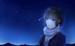  1girl absurdres black_coat black_hair blue_eyes closed_mouth coat falling_star highres missholmes night night_sky open_clothes open_coat original scarf short_hair sky solo star_(sky) starry_sky upper_body 