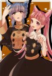  2girls animal_ears blue_hair braid brown_eyes cat_ears crown_braid fang fire_emblem fire_emblem:_three_houses garreg_mach_monastery_uniform highres hilda_valentine_goneril long_hair long_sleeves marianne_von_edmund multiple_girls open_mouth pink_eyes pink_hair simple_background trick_or_treat twintails twitter_username uniform yutohiroya 