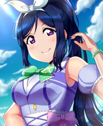  1girl bangs birthday blue_hair bracelet breasts clouds cloudy_sky commentary detached_sleeves hairband highres jewelry kimi_no_kokoro_wa_kagayaiteru_kai? long_hair looking_at_viewer love_live! love_live!_sunshine!! matsuura_kanan medium_breasts ponytail sidelocks sky sleeveless solo tsumikiy upper_body violet_eyes 