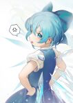  1girl :p anger_vein blue_bow blue_dress blue_eyes blue_hair bow cirno dress hair_between_eyes hair_bow hands_on_hips ice ice_wings looking_at_viewer looking_back pinafore_dress puffy_short_sleeves puffy_sleeves shirt short_hair short_sleeves simple_background siyumu solo spoken_anger_vein tongue tongue_out touhou upper_body white_background white_shirt wings 