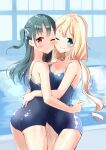  2girls ass asymmetrical_docking bangs blonde_hair blue_eyes blue_swimsuit blush breast_press breasts cheek-to-cheek commission competition_school_swimsuit covered_navel cowboy_shot dripping eyebrows_visible_through_hair green_hair haoriya_chie_(minidraco) highres hug indoors long_hair looking_at_viewer medium_breasts minidraco multiple_girls one_eye_closed one_side_up original pool poolside red_eyes school_swimsuit shiny shiny_clothes shiny_skin small_breasts standing swimsuit twintails wet wet_clothes wet_hair wet_swimsuit 