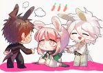  1girl 2boys :d absurdres ahoge anger_vein animal_ears animal_hood bangs baru_(bar_0405) black_gloves black_jacket black_pants breasts brown_hair bunny_hood carrot_print chibi closed_eyes coat commentary_request dangan_ronpa_(series) dangan_ronpa_2:_goodbye_despair fake_animal_ears fishnet_legwear fishnets food_print gloves green_coat hair_ornament hairclip highres hinata_hajime hood hooded_coat jacket komaeda_nagito leotard light_brown_hair medium_breasts medium_hair messy_hair mole mole_on_breast multiple_boys nanami_chiaki neck_ribbon official_alternate_costume open_mouth pants pink_neckwear pink_ribbon playboy_bunny pointing_at_another pouty_lips ribbon sad shiny shiny_hair short_hair sitting smile sweatdrop waistcoat white_hair white_jacket white_pants 