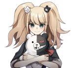  1girl bangs black_shirt blonde_hair blue_eyes breasts closed_mouth commentary_request dangan_ronpa:_trigger_happy_havoc dangan_ronpa_(series) enoshima_junko eyebrows_visible_through_hair hair_between_eyes hair_ornament hug long_hair looking_at_viewer mdr_(mdrmdr1003) monokuma shirt short_sleeves simple_background sleeves_rolled_up smile solo twintails upper_body white_background 