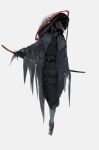  1boy animal_skull belt bird_skull black_hair claws cloak facial_mark feather_trim grey_background grey_cloak hat highres holding holding_sword holding_weapon male_focus medium_hair original pouch simple_background skull skull_mask solo standing sword toriseka torn torn_clothes weapon 