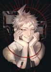  1boy absurdres ahoge bangs baru_(bar_0405) black_background blood blood_bag cable commentary_request cropped_shoulders dangan_ronpa_(series) dangan_ronpa_2:_goodbye_despair grey_hair grin hands_on_own_cheeks hands_on_own_face hands_up highres hinata_hajime hinata_hajime_(awakened) looking_at_viewer male_focus necktie pale_skin red_eyes shirt short_hair smile solo spoilers white_shirt 