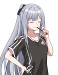  1girl adidas ak-12_(girls_frontline) alternate_costume bangs black_ribbon braid breasts brushing_teeth casual closed_eyes eyebrows_visible_through_hair french_braid girls_frontline hair_ribbon jjuwaap long_hair ponytail ribbon short_sleeves sidelocks silver_hair solo track_suit upper_body white_background 