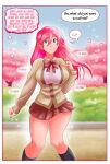  absurdres blue_eyes blush breasts cherry_blossoms confession fingernails genderswap heartbeat highres large_breasts pink_hair ribbon school school_uniform skirt themightfenek thick_thighs thighs tsundere 