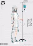  1boy absurdres arm_at_side bandages bandaid barcode blue_eyes full_body glitch grey_background grey_hair highres hospital_gown intravenous_drip looking_at_viewer mask original qr_code see-through solo standing taiga_(ryukyu-6102-8) 
