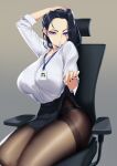  1girl arm_up black_hair black_legwear black_nails black_skirt blueorca breasts chair collared_shirt eyelashes grey_background hand_on_own_head highres huge_breasts lanyard lifted_by_self looking_at_viewer mole mole_under_eye nail_polish office_chair office_lady original panties panties_under_pantyhose pantyhose shirt shirt_tucked_in simple_background sitting skirt skirt_lift solo thighband_pantyhose thighs underwear violet_eyes white_shirt 