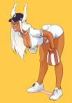  1girl animal_ears arched_back artist_name ass baseball_cap baseball_mitt bent_over boku_no_hero_academia breasts bunny_tail collarbone dark_skin dark-skinned_female from_side full_body gloves grin hat koshio large_breasts long_hair looking_to_the_side mirko profile pulled_by_self rabbit_ears raised_eyebrow short_sleeves simple_background smile smug solo standing tail thighs white_footwear white_gloves white_hair 