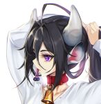  1girl ahoge animal_ears arms_up bell black_hair blueorca collar collarbone cow_ears cow_girl cow_horns cowbell cropped hair_between_eyes horns long_hair mole mole_under_mouth mouth_hold original red_collar red_lips simple_background solo tying_hair upper_body violet_eyes white_background 