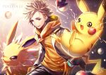  1boy artist_name blonde_hair commentary electricity gen_1_pokemon gloves grey_eyes jolteon looking_to_the_side male_focus n_kamui open_clothes orange_gloves parted_lips pikachu poke_ball poke_ball_(basic) pokemon pokemon_(creature) pokemon_(game) pokemon_go signature spark_(pokemon) spiky_hair 