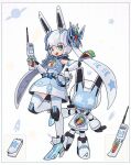  1girl :d android animal_ears aqua_eyes carrot cellphone dress english_commentary fake_animal_ears full_body highres joints looking_at_viewer lordyanyu open_mouth original phone robot robot_joints smile standing standing_on_one_leg star_(symbol) star_print twintails upper_teeth white_dress white_hair 