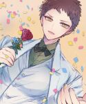 1boy bangs bow bowtie brown_background brown_eyes brown_hair collared_shirt commentary_request confetti dangan_ronpa_(series) dangan_ronpa_10th_anniversary_costume dangan_ronpa_2:_goodbye_despair dutch_angle flower green_neckwear green_shirt highres hinata_hajime holding holding_flower jacket long_sleeves looking_at_viewer male_focus necktie official_alternate_costume open_mouth red_flower red_rose rose shirt short_hair sketch smile solo upper_body vest white_jacket white_vest zhi_(oriin_01) 