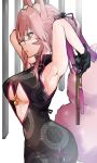  1girl absurdres animal_ear_fluff animal_ears armpits arms_behind_head arms_up bangs bare_shoulders bell black_gloves blush breasts center_opening china_dress chinese_clothes double_bun dress fan fate/grand_order fate_(series) folding_fan fox_ears fox_girl fox_tail glasses gloves hair_between_eyes highres huge_filesize jingle_bell koyanskaya_(fate) large_breasts long_hair open_mouth pink_hair sidelocks sleeveless sleeveless_dress tail tassel white-framed_eyewear yellow_eyes zukki0731 