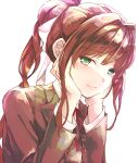  1girl brown_hair closed_mouth doki_doki_literature_club eyebrows_visible_through_hair green_eyes hair_ribbon hands_on_own_cheeks hands_on_own_face highres hinamikan jacket long_sleeves monika_(doki_doki_literature_club) ponytail red_ribbon ribbon smile solo visible_ears white_background white_ribbon 