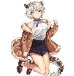  1girl absurdres animal_ears blue_eyes brooch buttons closed_mouth collared_shirt fur-trimmed_jacket fur_trim highres jacket jewelry leopard_ears leopard_tail long_sleeves original peckeronie shirt shoes shorts sleeveless sleeveless_shirt sneakers solo tail white_background white_hair 