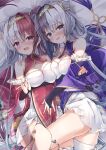  2girls asymmetrical_legwear azur_lane bare_shoulders blue_eyes blush breasts bridal_gauntlets chao_ho_(azur_lane) china_dress chinese_clothes cleavage_cutout clothing_cutout detached_sleeves dress gold_hairband long_hair looking_at_viewer lying madotsukumo medium_breasts multicolored_hair multiple_girls on_back on_bed pelvic_curtain purple_hair redhead single_thighhigh thigh-highs two-tone_hair very_long_hair violet_eyes white_dress white_hair white_legwear wide_sleeves ying_swei_(azur_lane) 