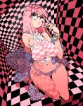  1girl belly black_eyes blue_sweater breasts checkered checkered_ceiling checkered_floor checkered_wall clenched_hand denim denim_shorts fingernails glasses highres kafun large_breasts long_fingernails looking_at_viewer midriff mole mole_under_eye navel off_shoulder original pink_hair puckered_lips red_nails seiza short_shorts shorts sitting solo sweater watch watch wide_hips 