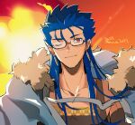  1boy bespectacled blue_hair bracelet capelet close-up closed_mouth collarbone cu_chulainn_(fate)_(all) cu_chulainn_(fate/grand_order) earrings fate/grand_order fate_(series) fur-trimmed_hood fur_trim glasses hood hood_down jewelry long_hair male_focus one_eye_closed red_eyes smile solo spiky_hair yukota_2631 