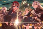  5girls 9a-91_(girls_frontline) aircraft beret blue_eyes braid cowboy_shot fingerless_gloves girls_frontline gloves gun hair_ornament hairclip hands_on_thighs hat headset helicopter holding holding_gun holding_weapon leggings long_hair looking_at_viewer mi-24 military military_uniform mismatched_legwear multiple_girls open_mouth ots-12_(girls_frontline) panties pk_(girls_frontline) ponytail red_eyes rifle sayossa_(pak-front) side-tie_panties silver_hair skindentation sniper_rifle star_(symbol) star_hair_ornament sunset sv-98 sv-98_(girls_frontline) svd_(girls_frontline) thigh-highs underwear uniform very_long_hair weapon 