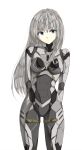  1girl armor bangs blue_eyes breasts eyebrows_visible_through_hair grey_hair head_tilt highres i.takashi long_hair looking_at_viewer medium_breasts original power_armor science_fiction solo 