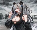  1girl animal_ears arknights black_hair breasts brown_eyes china_dress chinese_clothes cleavage_cutout clothing_cutout dress eyewear_removed fang feater_(arknights) grey_hair highres jacket large_breasts panda_ears spacelongcat sunglasses twintails 