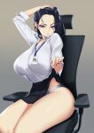  1girl arm_up bare_legs black_hair black_nails black_skirt blueorca breasts chair collared_shirt eyelashes grey_background hand_on_own_head highres huge_breasts lanyard lifted_by_self looking_at_viewer mole mole_under_eye nail_polish office_chair office_lady original panties shirt shirt_tucked_in simple_background sitting skirt skirt_lift solo thighs underwear violet_eyes white_panties white_shirt 