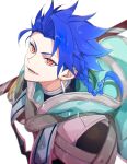  1boy asymmetrical_bangs bangs blue_hair braid braided_ponytail capelet child cu_chulainn_(fate)_(all) earrings emya fang fate/grand_order fate/grand_order_arcade fate_(series) floating_hair highres hood hood_down hooded_capelet jewelry long_hair male_focus open_mouth ponytail popped_collar red_eyes setanta_(fate) simple_background slit_pupils smile solo spiky_hair staff white_background 