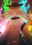  1girl bangs black_headwear blonde_hair breasts dress fire floating_hair hat highres long_hair looking_at_viewer matara_okina medium_breasts multicolored_fire parted_lips repya9 smile solo tabard touhou upper_body white_dress yellow_eyes 