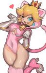  animal_ears bell bell_collar blonde_hair blue_eyes boots breasts cat_ears cat_tail cleavage_cutout clothing_cutout collar covered_navel crown dakusuta gloves hair_between_eyes high_heels highleg highleg_leotard highres hooded_leotard large_breasts leotard super_mario_bros. one_eye_closed open_mouth paw_pose pink_footwear princess_peach simple_background smile tail white_background white_gloves 