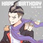  1boy bangs black_hair black_jacket cham-p commentary_request confetti dangan_ronpa_(series) dangan_ronpa_2:_goodbye_despair dated facial_tattoo grey_background grey_eyes grey_hair grin hamster happy_birthday heterochromia jacket jum-p long_hair looking_at_viewer maga-g male_focus multicolored_hair purple_scarf red_eyes scarf shirt short_hair smile sun-d tanaka_gandamu tattoo two-tone_hair upper_body ushiro_(ushi_rocks) white_shirt 