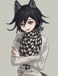  1boy animal_ears bangs black_hair checkered checkered_scarf commentary_request crossed_arms dangan_ronpa_(series) dangan_ronpa_v3:_killing_harmony fangs grey_background grey_jacket hair_between_eyes jacket kemonomimi_mode long_sleeves looking_at_viewer male_focus open_mouth ouma_kokichi renshu_usodayo scarf short_hair simple_background smile solo tail upper_body violet_eyes wolf_boy wolf_ears wolf_tail 