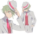  1boy amami_rantarou bangs closed_mouth collared_shirt commentary_request dangan_ronpa_(series) dangan_ronpa_10th_anniversary_costume dangan_ronpa_v3:_killing_harmony fedora formal green_eyes green_hair hand_in_pocket hand_up hat jacket long_sleeves looking_at_viewer male_focus multiple_views nabu_(d4ng4nn6bu12) necktie official_alternate_costume pants pink_neckwear pink_vest shirt short_hair simple_background sketch smile striped suit upper_body vest white_background white_jacket white_pants 