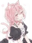  1girl animal_ears bell bell_collar bow braid cat_ears cat_girl collar highres lace lace_trim original paw_print pink_bow pink_eyes pink_hair pink_tail puffy_short_sleeves puffy_sleeves ribbon short_sleeves solo striped striped_bow tail yuni_0205 
