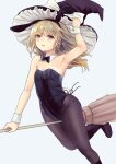  1girl alternate_costume animal_ears black_legwear black_leotard blonde_hair boots broom broom_riding bunny_tail commentary_request culter fake_animal_ears highres kirisame_marisa leotard long_hair pantyhose playboy_bunny rabbit_ears simple_background solo tail touhou white_background yellow_eyes 