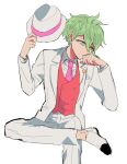  1boy amami_rantarou bangs black_footwear commentary_request dangan_ronpa_(series) dangan_ronpa_10th_anniversary_costume dangan_ronpa_v3:_killing_harmony double-breasted fedora formal green_eyes green_hair hands_up hat hat_removed headwear_removed holding invisible_chair jacket long_sleeves male_focus messy_hair nabu_(d4ng4nn6bu12) necktie official_alternate_costume open_clothes open_jacket pants pink_neckwear red_vest shirt shoes short_hair simple_background sitting solo suit vest white_background white_footwear white_jacket white_pants 