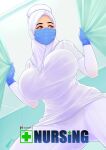  breasts brown_eyes gloves highres hijab hospital large_breasts looking_to_the_side mask nurse sheet_grab zephyr_aile 