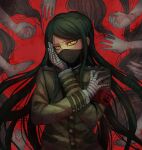  1boy armband bandages bangs black_hair commentary_request dangan_ronpa_(series) dangan_ronpa_v3:_killing_harmony feet fingernails floating_hair gakuran green_hair green_jacket hand_on_own_cheek hand_on_own_face hands hands_up highres jacket long_hair long_sleeves looking_at_viewer male_focus mask mouth_mask nail_polish people red_background school_uniform shinguuji_korekiyo solo_focus tei_(auntaso) upper_body very_long_hair yellow_eyes 