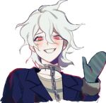  1boy ahoge bangs black_jacket blush chain collar commentary_request cropped_shoulders dangan_ronpa_(series) dangan_ronpa_another_episode:_ultra_despair_girls gloves grey_hair grin hand_up jacket komaeda_nagito long_sleeves looking_at_viewer male_focus messy_hair metal_collar official_alternate_costume red_eyes shirt simple_background sketch smile solo striped striped_shirt sudan_73_p upper_body white_background 