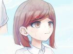  1girl 1other alternate_hair_ornament bangs collared_shirt commentary_request dangan_ronpa_(series) dangan_ronpa_v3:_killing_harmony face melon_hair_ornament redhead shirt short_hair short_sleeves solo_focus sweat torume_2 white_background white_shirt yumeno_himiko 