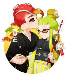 1boy 1girl alternate_hairstyle arrow_(projectile) black_kimono closed_eyes closed_mouth commentary couple domino_mask ema emblem forehead_kiss fur_scarf furisode gradient_hair green_hair hair_bun hair_ornament hair_up hairpin hamaya happy_new_year hetero highres holding holding_arrow inkling japanese_clothes judd_(splatoon) kimono kiss long_hair long_sleeves looking_at_another makeup mascara mask mohawk multicolored_hair new_year obi octoling pointy_ears red_eyes redhead sash short_hair_with_long_locks smile splatoon_(series) squid standing striped suction_cups tentacle_hair translated vertical-striped_kimono vertical_stripes wide_sleeves yellow_kimono yeneny 