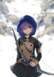  1girl arrow_(projectile) bernadetta_von_varley bow_(weapon) closed_mouth crying crying_with_eyes_open fire_emblem fire_emblem:_three_houses garreg_mach_monastery_uniform grey_eyes haru_(nakajou-28) highres holding holding_bow_(weapon) holding_weapon hood hood_up long_sleeves purple_hair quiver short_hair solo tears uniform weapon 