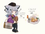  1girl arknights arrow_(symbol) bag baguette black_footwear black_headwear black_legwear blush bread brown_sweater closed_eyes commentary_request food fork grey_hair hat highres jacket knife object_hug open_clothes open_jacket pantyhose paper_bag parted_lips ptilopsis_(arknights) purple_jacket ribbed_sweater ryu_(17569823) shoes sitting sleeping smoke solo sparkle sweater translation_request white_background zzz 