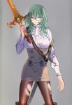  1girl amu_(nsk0) bangs bare_legs belt blue_eyes breasts byleth_(fire_emblem) byleth_eisner_(female) fire_emblem fire_emblem:_three_houses garreg_mach_monastery_uniform glasses green_hair grey_background hair_between_eyes high-waist_skirt holding holding_weapon large_breasts leggings long_hair long_sleeves looking_at_viewer sheath sheathed simple_background skirt solo sword thigh_gap torn_clothes torn_legwear uniform weapon 
