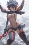  1girl absurdres ass_visible_through_thighs bangs black_gloves black_hair black_legwear blue_eyes breasts closed_mouth clouds commentary duplicate free_style_(yohan1754) gloves grey_sky hair_between_eyes highres holding holding_weapon kill_la_kill large_breasts looking_at_viewer matoi_ryuuko microskirt multicolored_hair navel pleated_skirt redhead revealing_clothes senketsu short_hair skirt sky solo spikes standing suspenders thigh-highs two-tone_hair under_boob weapon 